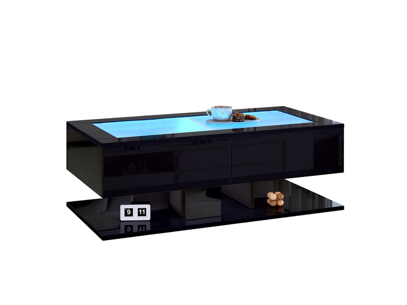  Table basse noire brillante avec tiroirs, table basse led verre trempé 100x50x35cm pour salon moderne  - Conforama R