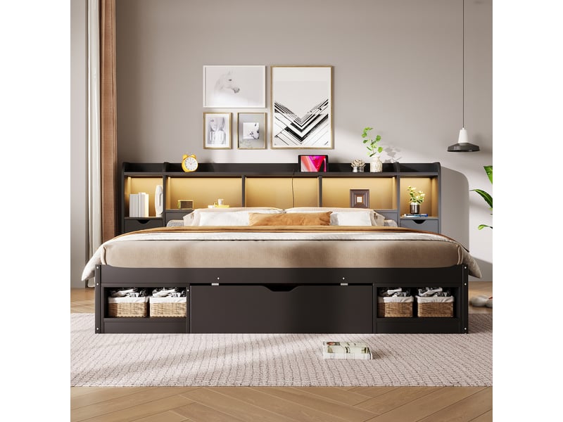 Lit plateforme 180 x 200 cm avec tête et pied de lit à rangements, 3 tiroirs, niches, led et usb, mdf et contreplaqué, noir OMNIGLINT TRADING LTD - Conforama E