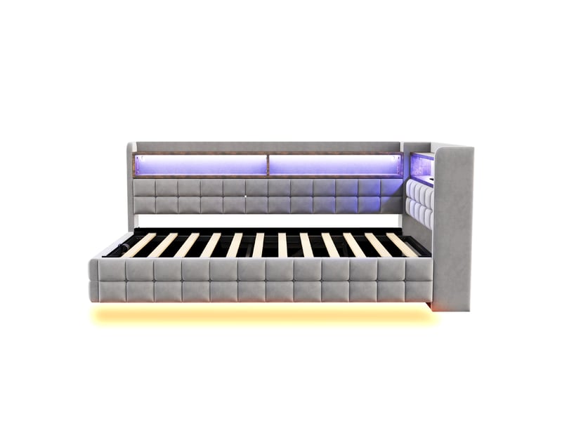 Lit coffre 90x200 cm - lit simple avec rangement hydraulique - tête de lit led, usb & type-c - étagères - gris - Conforama W