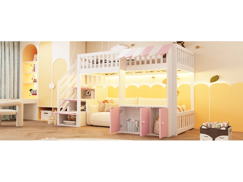  Lit superposé 90x200 cm rose et blanc bois massif mdf avec escalier de rangement armoire led et sommier à lattes Sol Morn - Conforama D