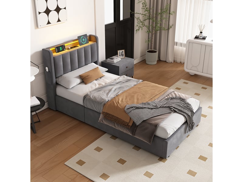  Lit coffre une place, 90 x 200 cm, avec led et ports usb, tissu velours hollandais, gris foncé.  - Conforama C