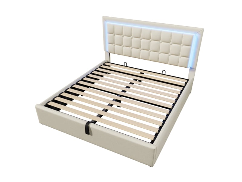  Lit double 180x200 cm tapissé, cadre cuir synthétique blanc, led intégrée, sommier et rangements, sans matelas  - Conforama A