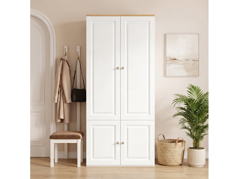  Armoire 90x50x200 cm mdf avec 2 tringles et 4 compartiments blanc et bois  - Conforama D