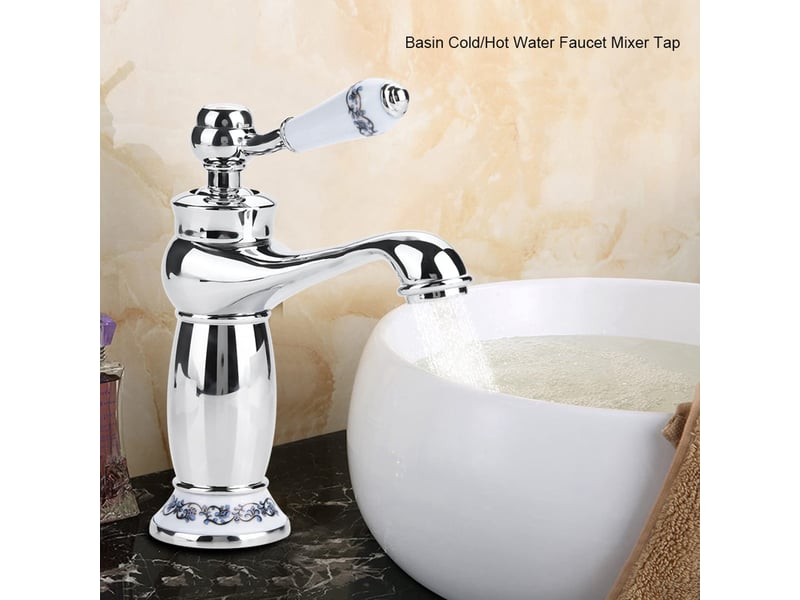  Rétro mitigeur robinet de lavabo laiton &amp; céramique évier bleu et blanc en porcelaine à long cou vintage floral avec l'entrée d'eau froidechaude - gris  - Conforama E