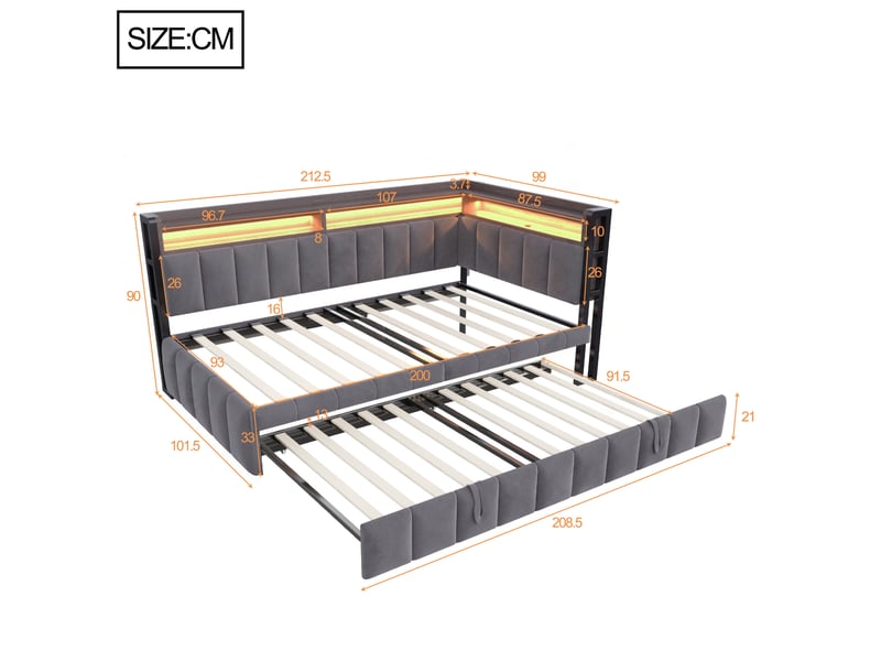  Lit banquette 90x200 cm avec lit gigogne, led et usb-c, velours gris foncé, sans matelas  - Conforama C