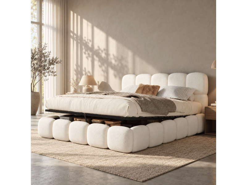  Lit coffre 200x200 cm, hydraulique, avec sommier, tête de lit capitonnée, grand rangement, bouclé blanc  - Conforama D