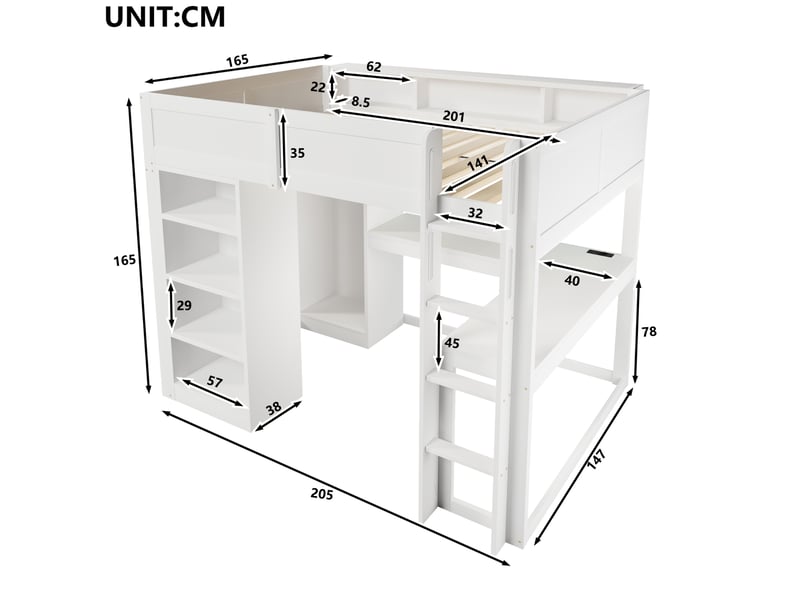  Lit mezzanine 140x200 cm, avec matelas non inclus, bureau en l, dressing, led, rangements, pin et mdf, blanc  - Conforama C