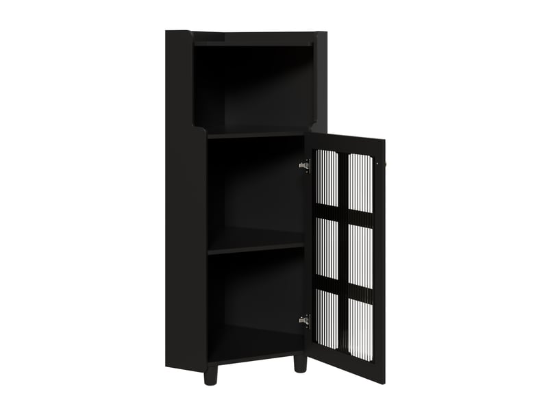  Meuble d'angle triangulaire avec porte en verre ondulé, étagère ouverte, éclairage led connecté et étagères réglables  - Conforama A