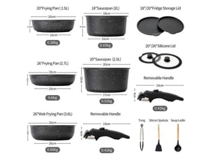Batterie de cuisine 14 pieces effet pierre noir avec manches amovibles compatible induction