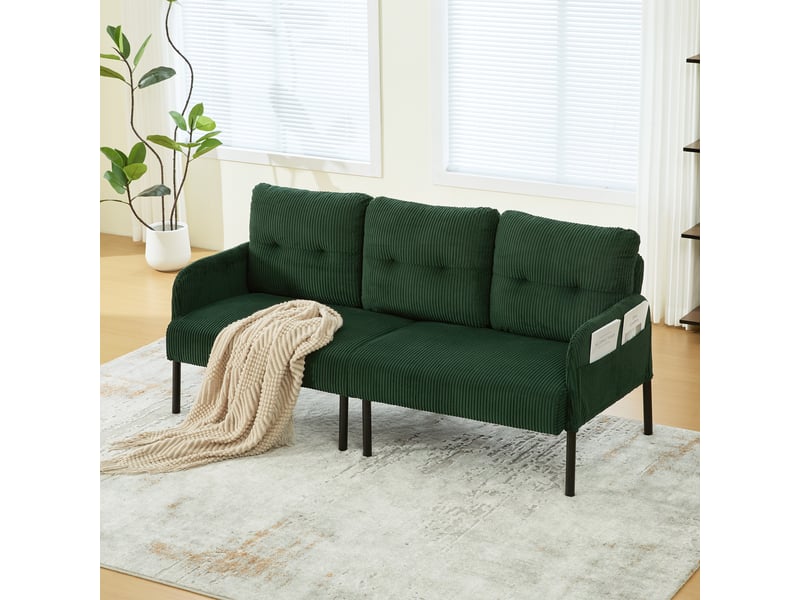  Canapé 3 places 171 x 72 x 80 cm, assise rembourrée, dossier haut, poches latérales, pieds en métal, velours côtelé, vert Seren Glow - Conforama D
