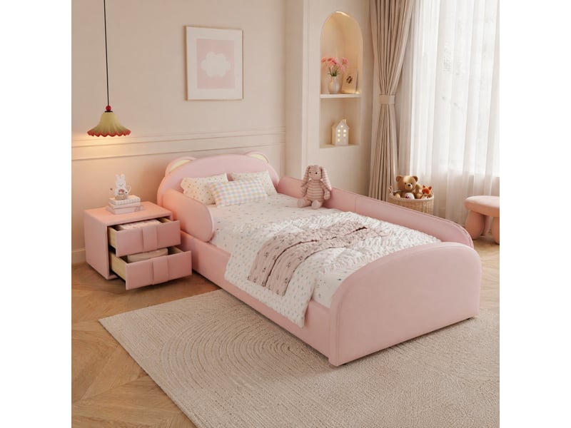  Lit enfant simple 90×200 cm tête ours et table de chevet  - sans matelas, velours - rose  - Conforama C