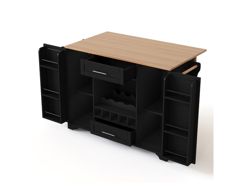  Desserte de cuisine noire 120x4570x92 cm avec plateau rabattable, porte-bouteilles et rangements multifonctions  - Conforama E