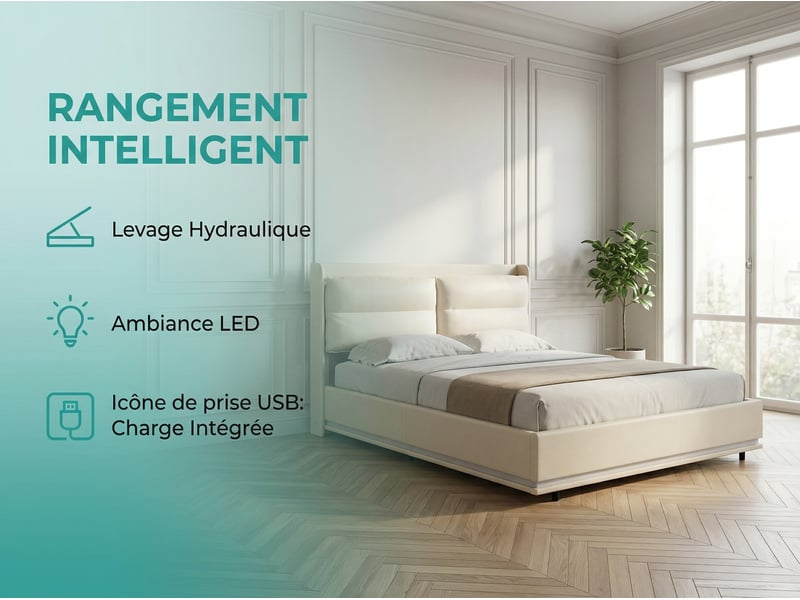  Lit coffre 140x200 cm - lit 2 places pu beige - sommier relevable - grand rangement  - Conforama D