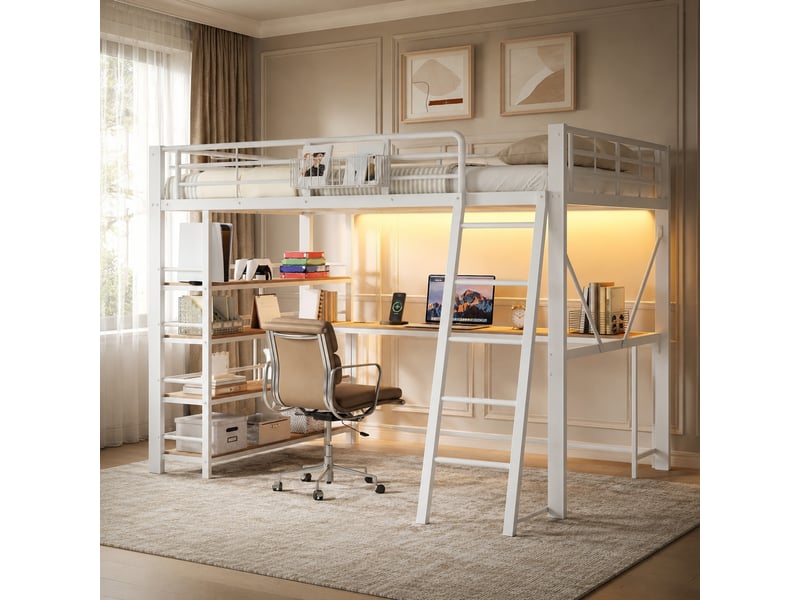  Lit mezzanine modenvie 140 x 200 cm avec bureau intégré, étagère 4 niveaux, panier de rangement, port usb, led, métal et mdf, blanc  - Conforama B