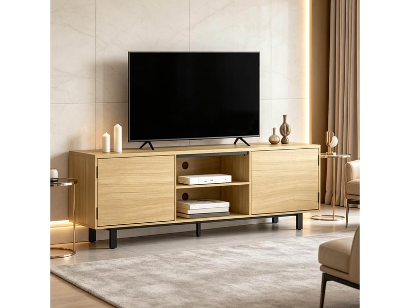  Meuble tv modenvie 160 cm 2 portes push-open 2 niches coloris naturel et noir  - Conforama D