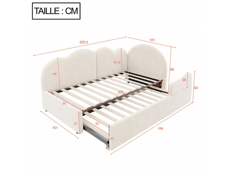 Lit gigogne 2 places en velours beige, avec dossier en l et tête de lit nuage, 90x200 et 90x190 cm, matelas non précisé - Conforama D