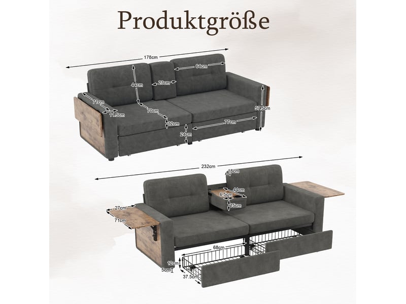 Canapé convertible 2 places avec assise réglable, deux tiroirs, tablettes et porte-gobelets en chenille gris foncé - Conforama C