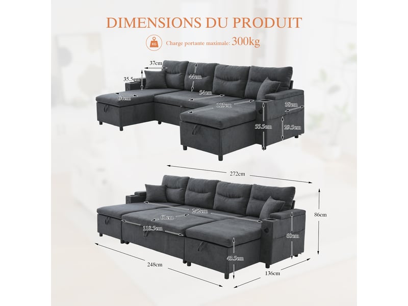 Canapé droit 4 places en tissu, chaises longues des deux côtés, rangement, porte-gobelets, ports usb et fonction lit, gris foncé, pour salon - Conforama C