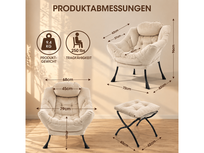  Fauteuil relax beige avec repose-pieds, accoudoirs, poche latérale, fauteuil tv lounge  - Conforama C