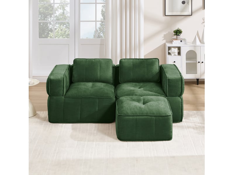  Canapé d'angle modulaire 2 places avec pouf, assise profonde et base antidérapante en polyester vert  - Conforama D