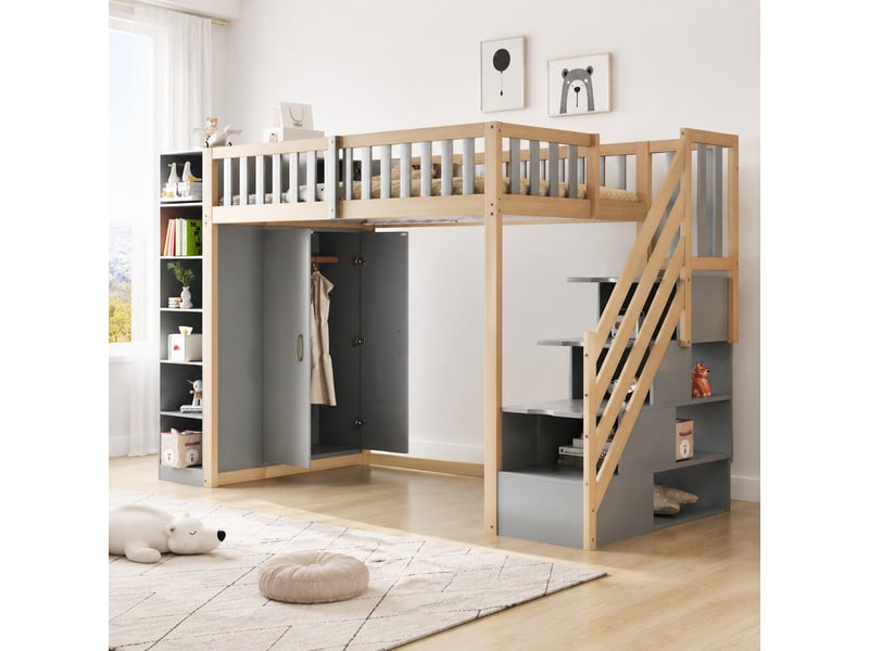  Lit mezzanine enfant 90 x 200 cm avec rangements gris et bois naturel  - Conforama D