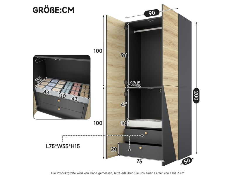  Armoire haute avec penderie, porte-pantalons, boîte et 2 tiroirs pour chambre, mdf gris et bois, 90 × 50 × 200 cm  - Conforama D