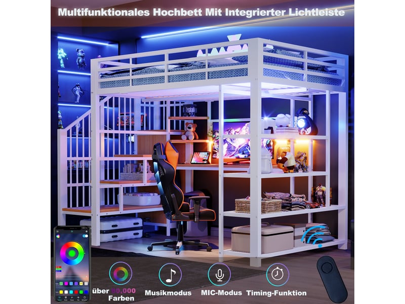  Lit mezzanine 140x200 cm, lit enfant, bureau, panneau perforé, étagères, barrière antichute, led, bois et métal blanc  - Conforama R