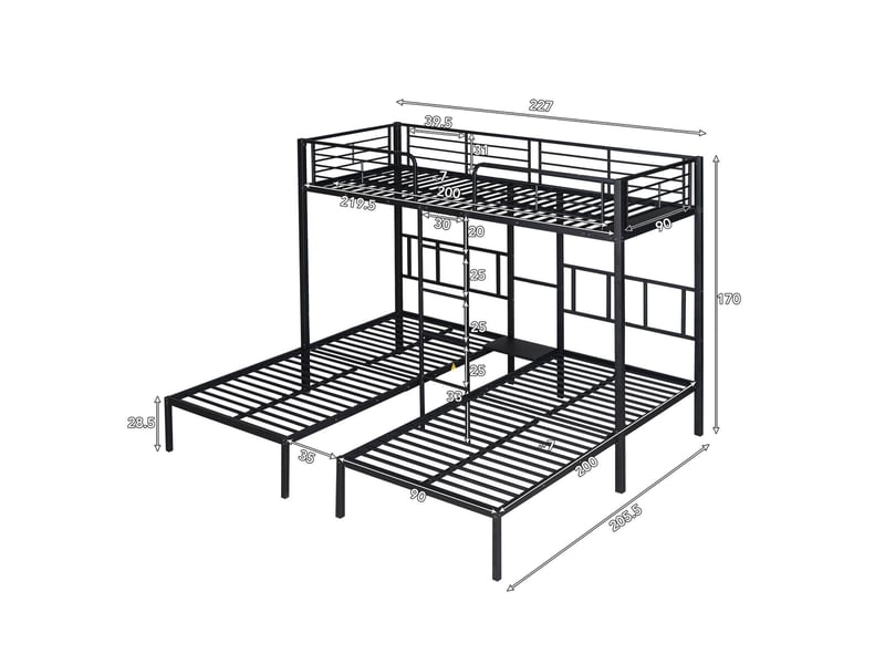  Lit superposé triple 90x200 cm, lit trio enfant et ado gain de place avec échelle et bureau, métal 3 couchages, noir  - Conforama E