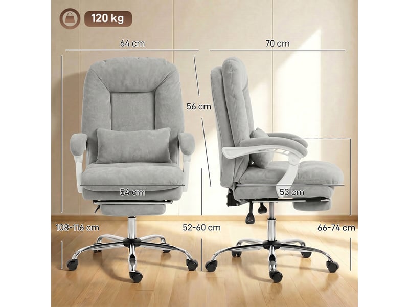  Chaise de bureau ergonomique en velours gris clair, fauteuil inclinable avec repose-pieds et hauteur réglable pour bureau  - Conforama C