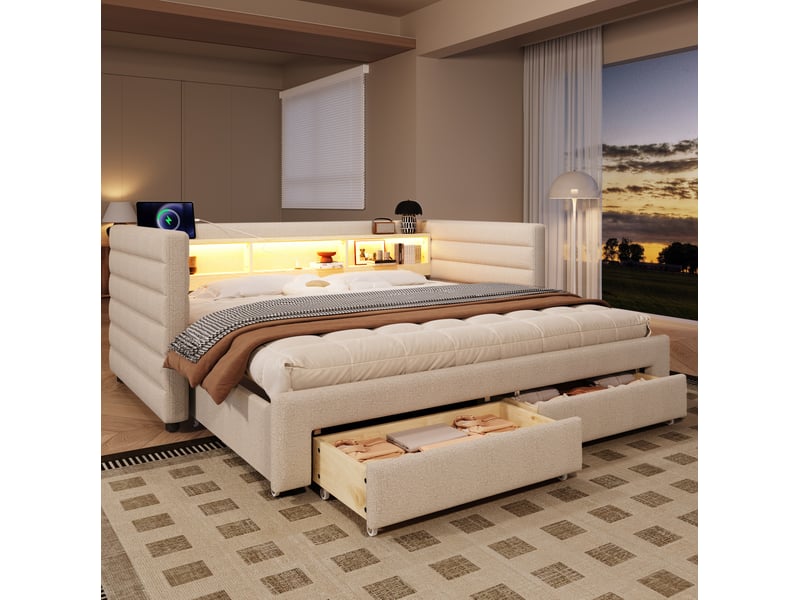  Lit de repos 90x190 cm extensible avec rangement, led, usb et usb-c, mdf beige, sans matelas  - Conforama E