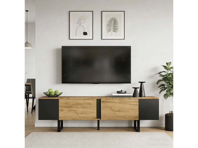  Meuble tv 180x40x55 cm moderne avec 2 placards, rangements ouverts latéraux, lowboard pour tv jusqu'à 75 pouces  - Conforama B