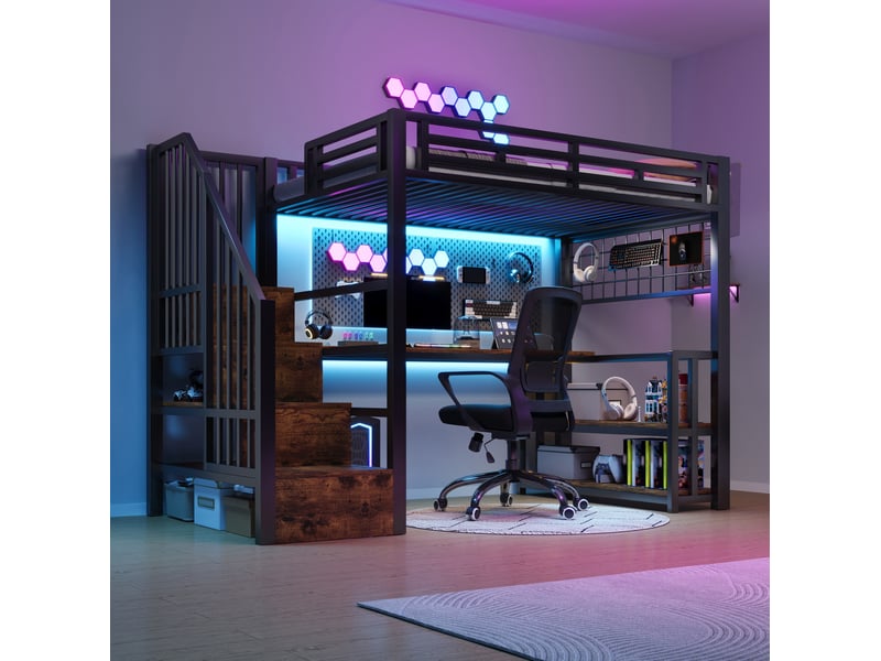  Lit mezzanine enfant 90 x 200 cm avec bureau, rangement, led et ports usb, noir  - Conforama D