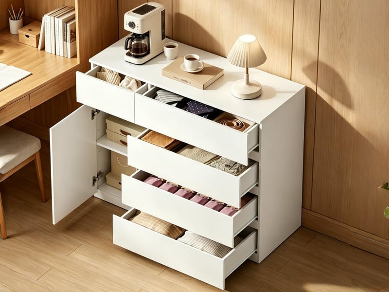  Commode à 5 tiroirs et 1 porte, 100 x 40 x 80 cm, étagère réglable et façades sans poignées, blanc  - Conforama B