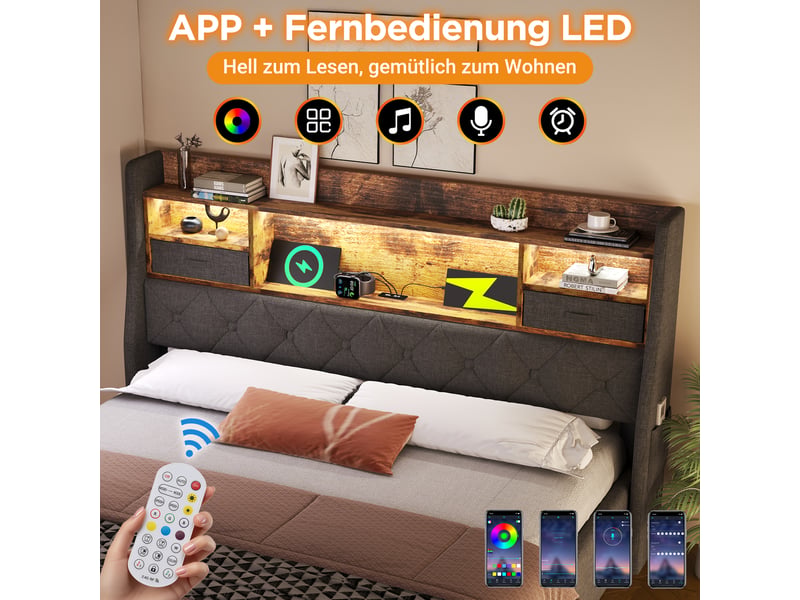  Lit double led avec rangement hydraulique, lin gris, usbtype-c, 160x200 cm avec matelas  - Conforama E