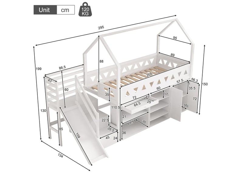 Lit simple 90 x 200 cm lit enfant multifonctionnel toboggan intégré escalier intégré tiroirs intégrés compartiment fermé bois massif blanc - Conforama C