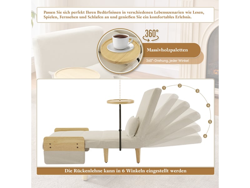  Fauteuil convertible 3 en 1 avec plateau en bois,chaise lounge pliant rembourré,fauteuil lounge,canapé-lit simple avec fonction sommeil  - Conforama D