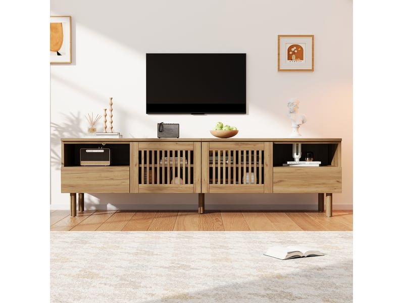  Meuble tv 180x40x51 cm avec 2 portes à grille et 2 tiroirs en mdf couleur bois naturel, design simple  - Conforama B
