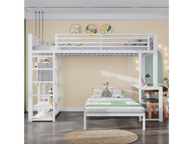  Lit superposé mezzanine 90x200 cm blanc métal et mdf avec bureau prises usb type-c 4 étagères rangement vêtements certifié en747 sans matelas Sol Morn - Conforama E
