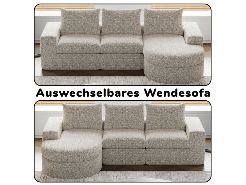  Canapé modulable 3 places en chenille avec méridienne réversible, design composable, coussins cervicaux et assise en mousse haute densité - beige  - Conforama C