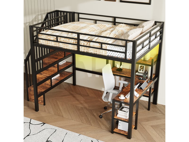  Lit mezzanine 140x200 cm noir, avec bureau, rangements, 3 étagères, escalier de rangement, led, usb, structure métal, sommier inclus, sans matelas  - Conforama W
