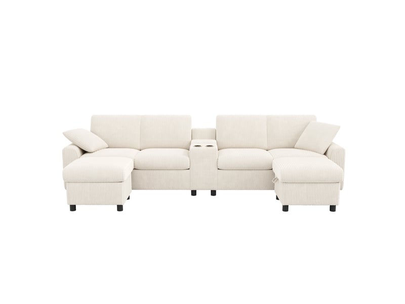  Canapé u lora beige en velours côtelé avec 2 poufs coffre, table, usb, prises et ports type-c  - Conforama A