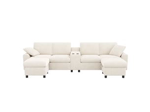 Canapé u lora beige en velours côtelé avec 2 poufs coffre, table, usb, prises et ports type-c