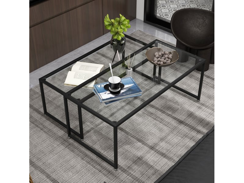  Tables basses gigognes 2 pièces avec plateaux en verre trempé et piétements réglables en acier noir pour salon  - Conforama B