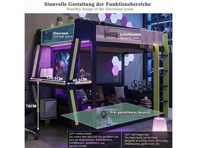 Lit mezzanine gaming 120 x 200 cm noir et vert, bureau, pc, rangement et led  - Conforama D