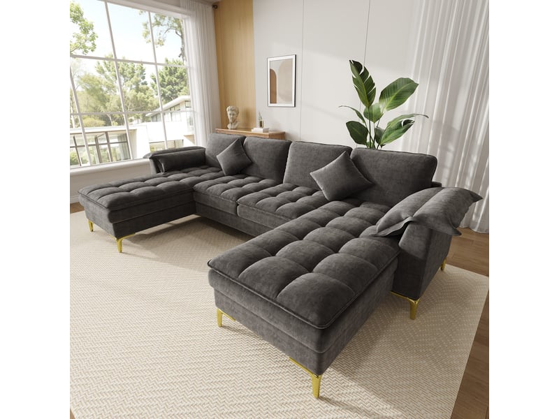  Canapé d'angle panoramique 4 places 262 × 134 cm avec 2 méridiennes, gris IKSETERA TRADING LTD - Conforama E