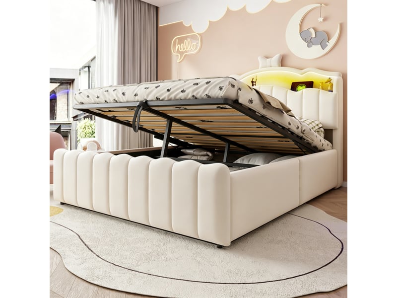  Lit coffre 2 places 140x200 cm - lit avec rangement hydraulique, tête de lit led, usb et usb-c - velours - beige  - Conforama W