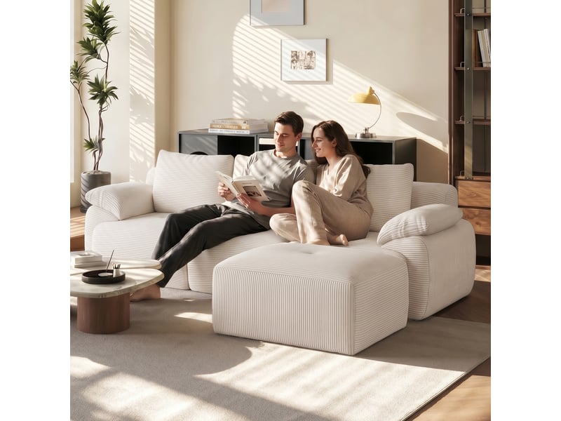  Canapé d'angle en l à compression avec 3 dossiers, aucun assemblage requis, beige  - Conforama D