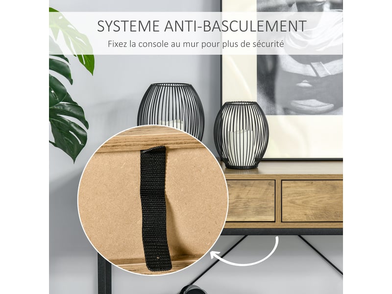 Table console avec 2 tiroirs et étagère métal aspect bois 100 x 35 x 76,5 cm  - Conforama E