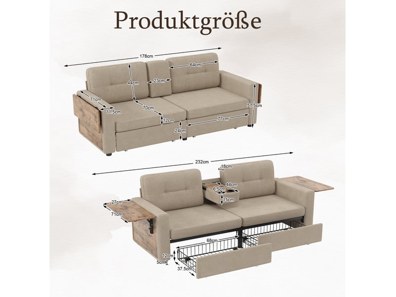 Canapé droit 2 places avec deux tiroirs, plateau rabattable et porte-gobelets en tissu chenille kaki - Conforama C