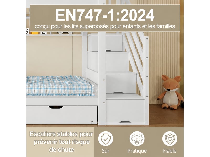  Lit superposé enfant 90 x 200 cm avec lit gigogne, armoire et escalier de rangement, en pin et mdf, blanc  - Conforama W